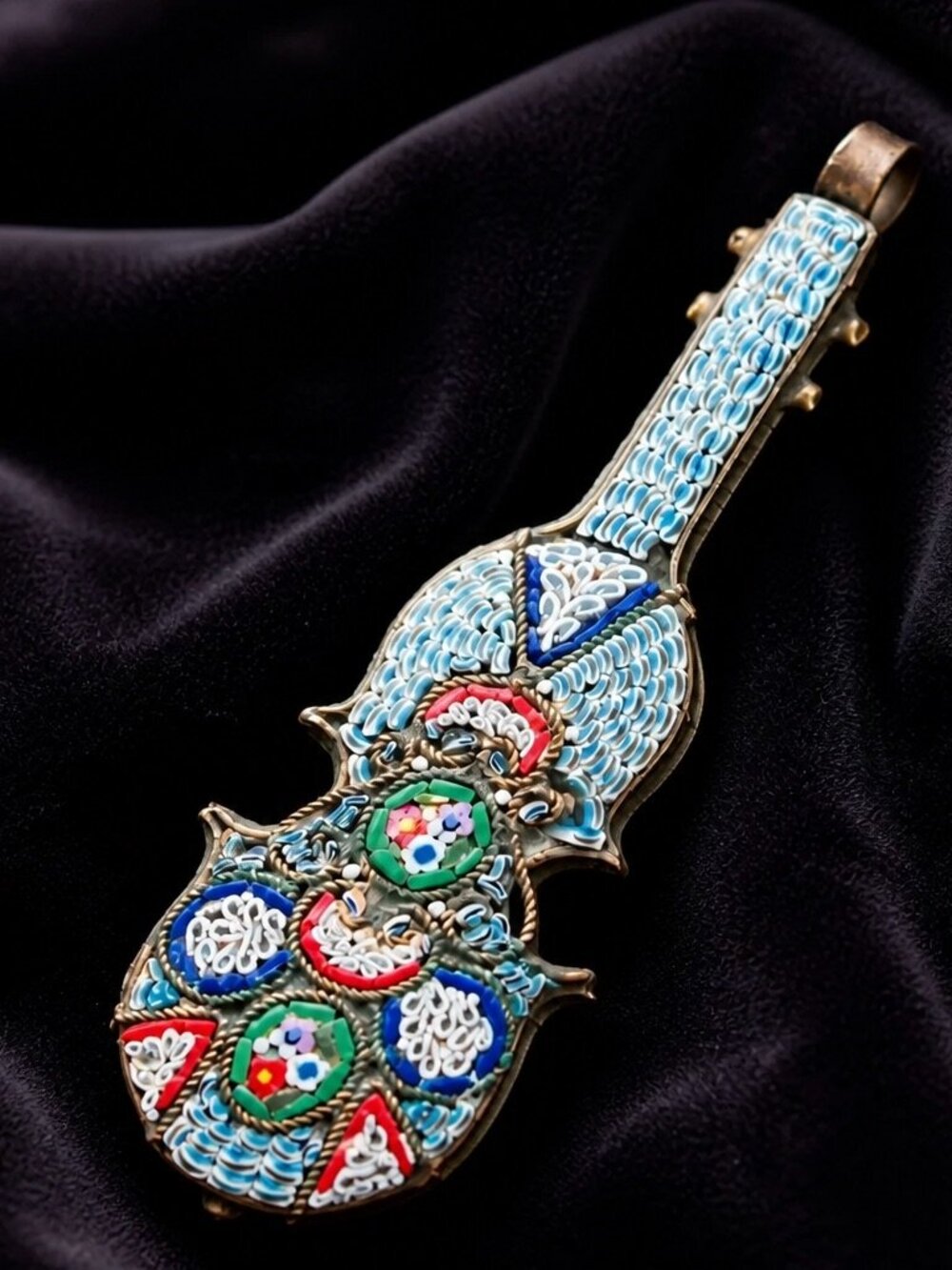 Vintage Micro Mosaic Violin- Mandolin Shaped Brooch With Floral Design